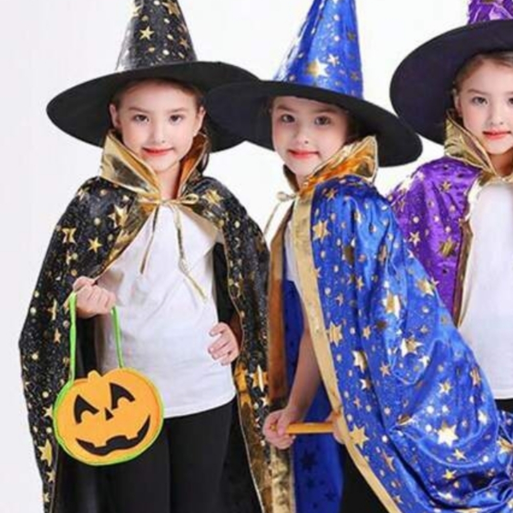 Fast Shipping Black Hat& Cloak w Gold Stars. Wizzard /Witch One Size Child - Picture 7 of 7